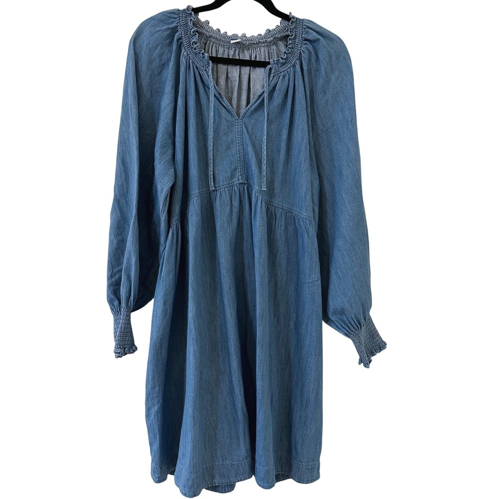 Old Navy Denim Mini Dress Womens XL Blue Cotton Smocked Neck Balloon Sleeve Boho